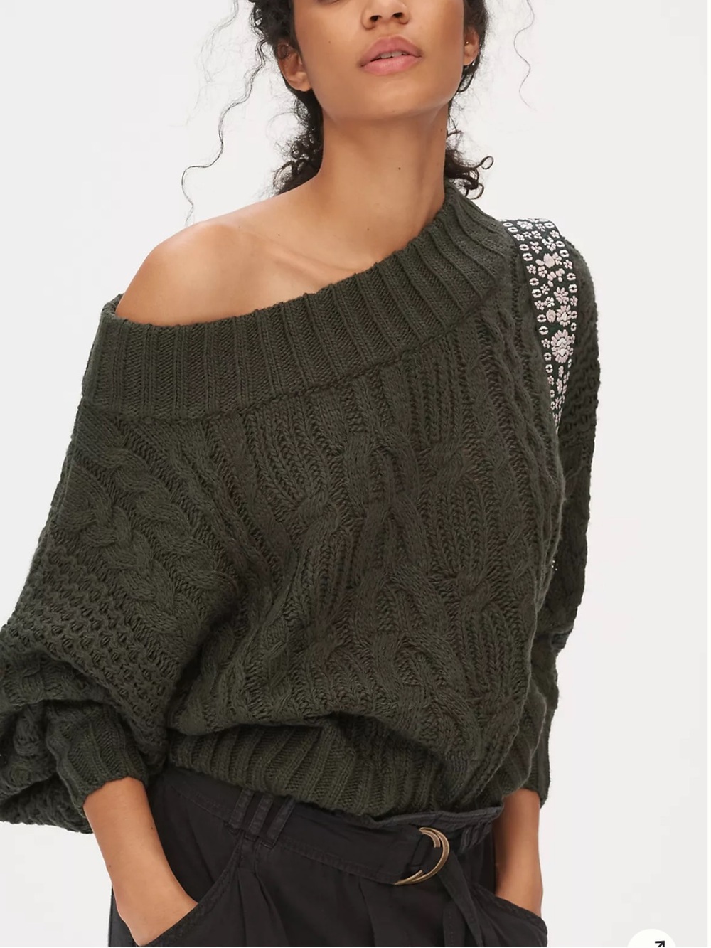 Anthropologie Melissa Olive Green Off-the-Shoulder Cable Knit Sweater
